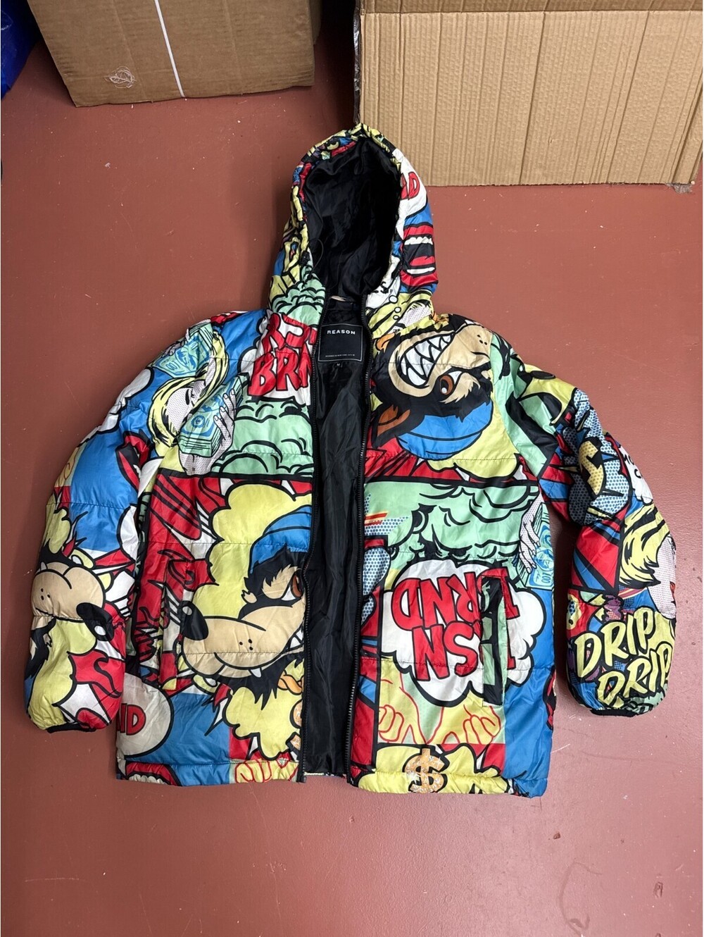 Reason Mens Medium Multicolor Pop Art Comic Print Puffer Jacket Hooded Coat M